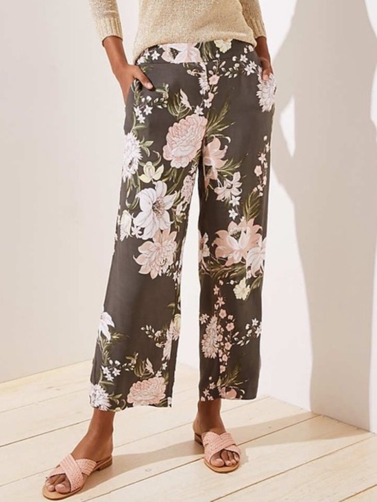LOFT Pants - Loft Wide-Leg Cropped Pants Olive green with White & Pink Blush Floral